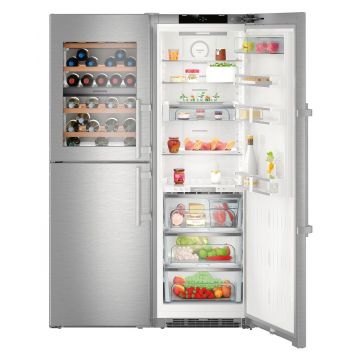 Combina frigorifica Side-by-side Liebherr Premium SBSes 8496 NoFrost 645 litri BioFresh Ice Maker compartiment vin clasa D Inox