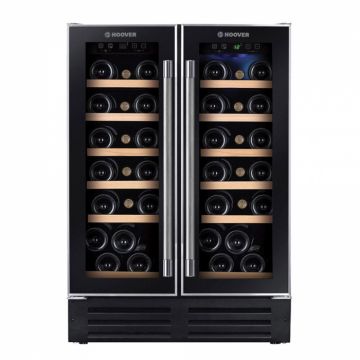 Vitrina de vinuri incorporabila Hoover HWCB 60D, 2 zone racire, Capacitate 38 sticle, Control digital, Iluminare LED, Rafturi lemn, H 82 cm