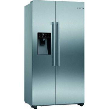 Side by Side Bosch KAD93VIFP, 562 l, No Frost, VariZone, SuperCooling, Holiday Mode, FreshSense, Antiamprenta, Clasa F (clasificare energetica veche Clasa A+), H 179 cm, Argintiu