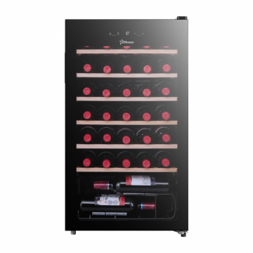 Racitor de vinuri STARCREST SWN-9301, 93 l, 34 sticle, Control temperatura digital, Rafturi lemn, Usa sticla, H 84.5 cm, Negru