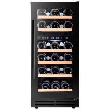 Vitrina de vinuri incorporabila STARCREST SWN-8028DZ, 80L, Capacitate 28 sticle, Clasa F, Rafturi din lemn de fag, Control electronic, Display, 2 zone de racire, Iluminat interior LED, H 85.5 cm, L 38