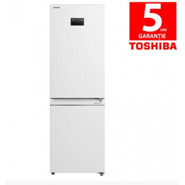 Combina frigorifica Toshiba GR-RB449WE-PMJ(51), No Frost, 338 litri, clasa E, inaltime 185.8 cm, tehnologie Origin Inverter, Alloy Cooling, ecran LED, lumina interioara tip LED, usi reversibile, Alb